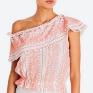 RAMY BROOK Pia Ruffled Off-The-Shoulder Peasant Top Pink White Print Size Medium